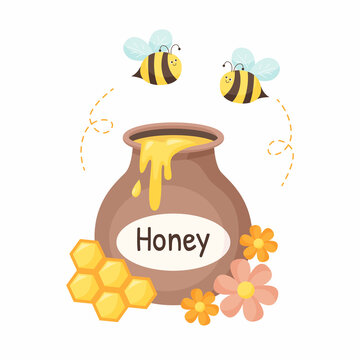 Honey pot with bees, flowers, and honeycomb. Isolated illustration for honey label, products, package design.