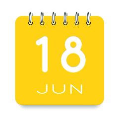 18 day of the month. June. Cute yellow calendar daily icon. Date day week Sunday, Monday, Tuesday, Wednesday, Thursday, Friday, Saturday. Cut paper. White background. Vector illustration.