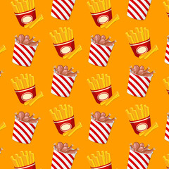 Bucket of fried chicken and french fries concept seamless illustration fast food vector