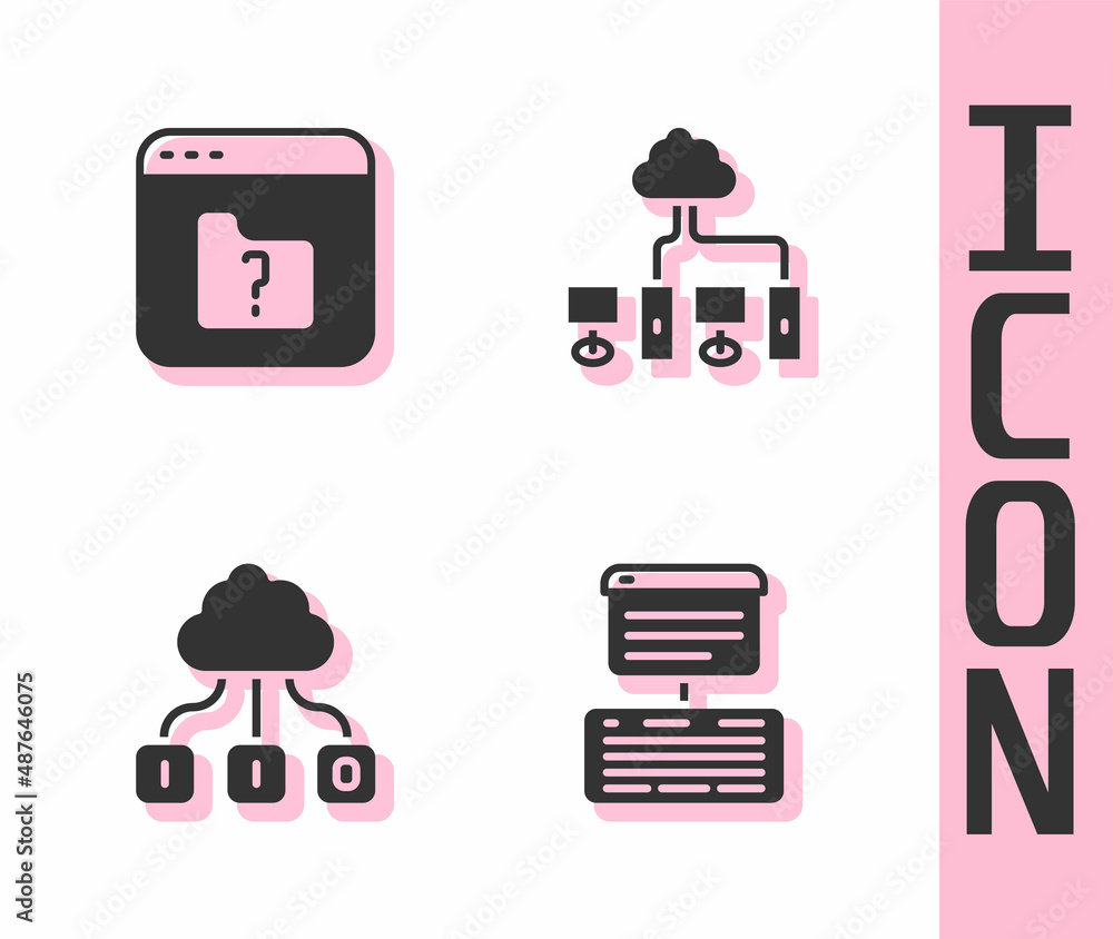 Poster set server, data, web hosting, file missing, cloud technology data transfer and computer network ico