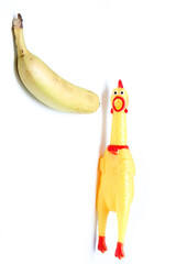 The rubber chicken is eating a banana with funny expression. Can be a symbol also for a blowjob,...