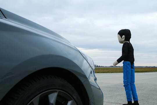The child pedestrian soft target standing on the proving ground. Used for testing of the autonomous emergency braking