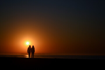 silhouettes of a female lgbt couple walking along the beach against the backdrop of the ocean during the sunset in the summer