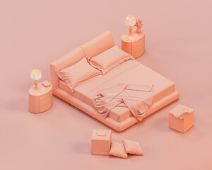 Isometric monochrome bedroom scene with a double bed, sheet, blanket, pillows and side tables. Pinkish orange, rosy color interior room,single color,  3d rendering