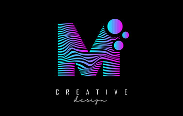 Purple Letter M logo with lines and dots. Vector illustration with geometric typography.