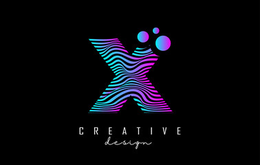 Purple Letter X logo with lines and dots. Vector illustration with geometric typography.