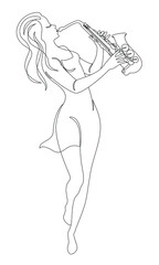 Silhouette of beautiful woman playing saxophone in continuous line modern style. Saxophonist girl, slim. Aesthetic decor sketches, posters, stickers, logo. set of vector illustrations.