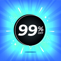 Obraz premium 99% off. Blue banner with ninety-nine percent discount on a black balloon for mega big sales.