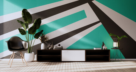 Black and Mint wall on living room two tone colorful design.3D rendering