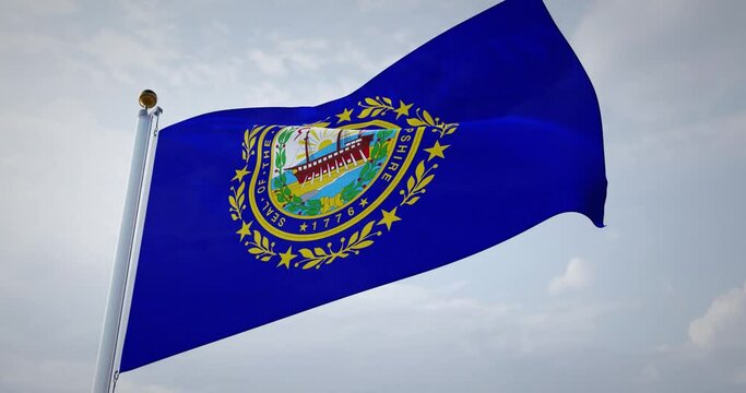 New Hampshire flag fluttering with the wind and sky background. 4k 3d render.