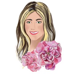 International Women's Day holiday illustration Portrait of woman with peony flowers on the white background