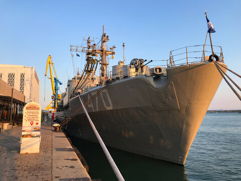 BURGAS, BULGARIA - JULY 17, 2020: NATO ships at the port of Burgas to participate in the BRIZ 2020 naval exercise