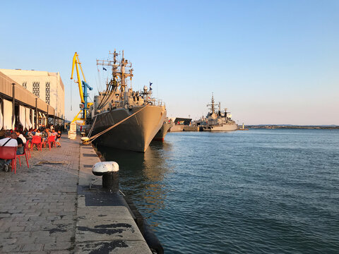 BURGAS, BULGARIA - JULY 17, 2020: NATO ships at the port of Burgas to participate in the BRIZ 2020 naval exercise