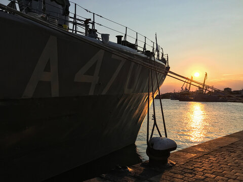 BURGAS, BULGARIA - JULY 17, 2020: NATO ships at the port of Burgas to participate in the BRIZ 2020 naval exercise