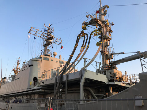 BURGAS, BULGARIA - JULY 17, 2020: NATO ships at the port of Burgas to participate in the BRIZ 2020 naval exercise