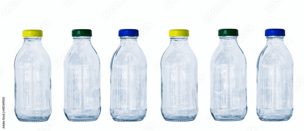 Poster empty glass bottles in a row on a shelf in blue tone, isolated on white background