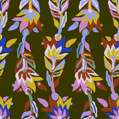 Vector seamless colorful pattern design of botanical abstract flowers in bright colors on brown. Perfect for textiles, wrapping paper, wallpaper