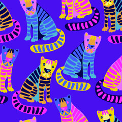 Seamless vector pattern design of a cute decorative tiger in bright colors. The design is perfect for textiles, stationery, wrapping paper, wallpaper, home and children textiles