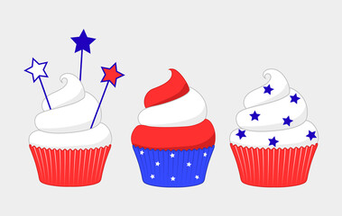 4th of July cupcakes set sweets food. USA happy independence day icing muffin with red and blue stars, flag, cylinder hat. Flat design cartoon holiday dessert vector clip art illustration.