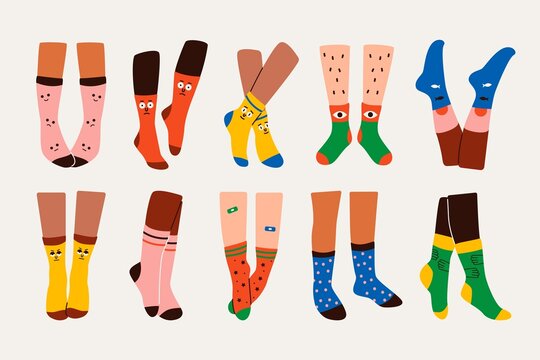 Abstract legs in socks. Hand drawn funny pairs of female male feet in trendy clothing items. Flat vector illustration