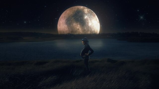 Moonlight Pregnant Girl Full Moon Reflecting Lake Water. Pregnant woman lighten by the bright full moon on a lake meadow