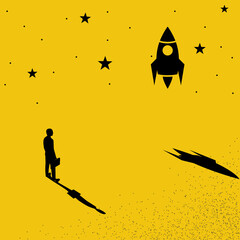 Businessman on a rocket. A successful person strive for a goal. Startup concept. Flying human. Launch in space. Development in career and work. Vector illustration flat design.