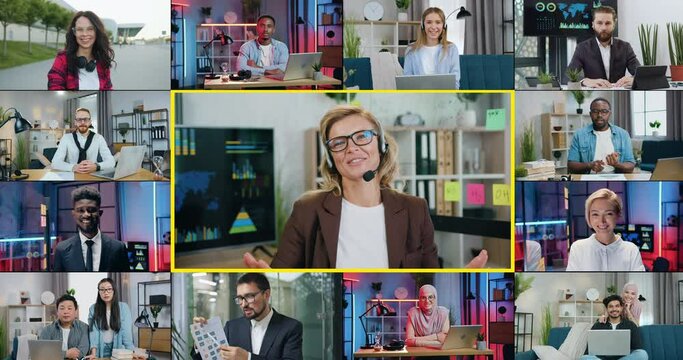 Multiscreen concept where likable confident positive skilled diverse businesspeople of different occupations which posing on camera indoors and outdoors