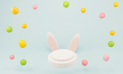 Happy Easter. cute cartoon Easter composition. Bunny ears and painted eggs on a delicate background. 3D illustration