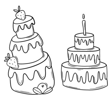 Happy birthday cake doodle black outline set.