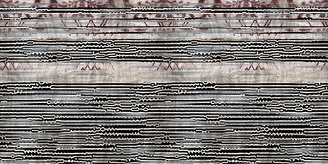 Seamless tribal ethnic stripe grungy border surface pattern design for print. High quality animal fur skin inspired illustration. Faded rug or carpet like cover graphic tile. Thick line textures. - 487651218