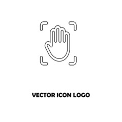 Vector graphic illustration. Set line icons. Palm print Identification. Outline design. Biometrics authorization. Person Recognition key. Digital access system. Cyber security. Web Sign, symbol.