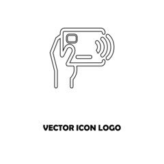RFID payment vector line icon.Hand holding credit debit card. Contactless payment from credit card.