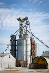 Grain elevator with blue sky behind