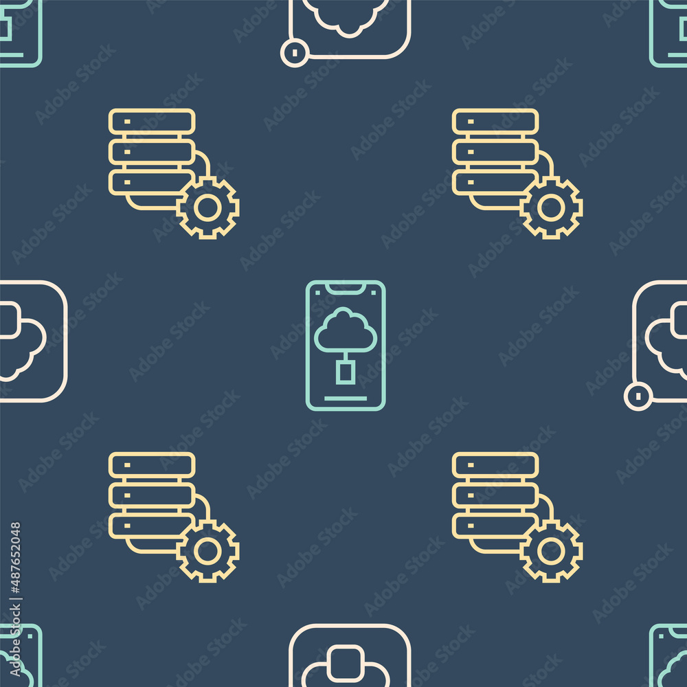 Poster set line cloud technology data transfer, server and gear and on seamless pattern. vector