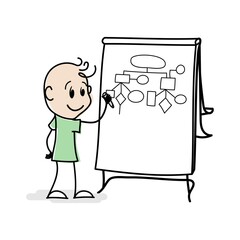 Cartoon stick figure drawing conceptual illustration of young man holding pencil and draw diagram. Office manager explaining the success of his strategy. Stickman making a presentation.