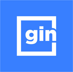 GIN company name initial letters monogram. GIN letters in square on blue background.