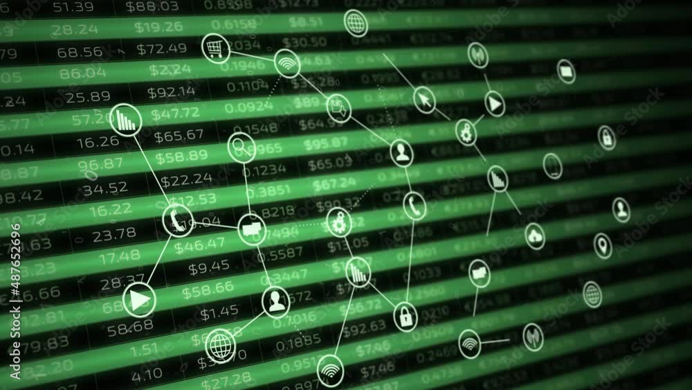 Poster green business technology network icon symbols animation on chart data background.