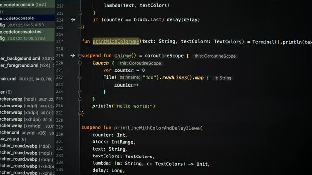 Developer is browsing html code on the computer screen. Scroll of HTML Web Page Code. Programming code abstract technology background. Computer script concept. High quality 4k footage