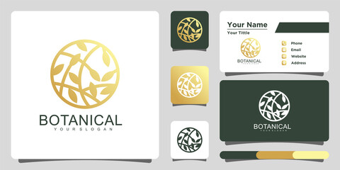 Naklejka premium Botanical logo with gradient golden natural and business card. Premium Vector