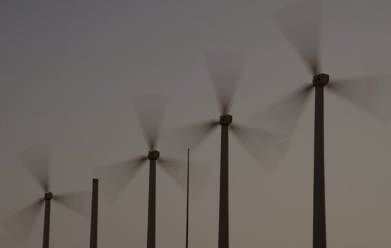 Wind turbines in motion in the municipality of Aguimes. Gran Canaria. Canary Islands. Spain.