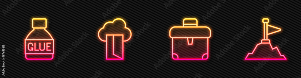 Poster set line briefcase, glue, cloud database and mountains with flag on top. glowing neon icon. vector