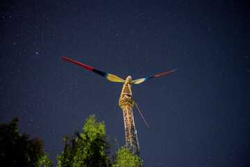 Wind elevator generator against the background of the night sky