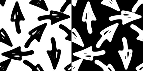 Fototapeta na wymiar a set of white and black cursor drawing. seamless pattern with triangular arrow. a triangular arrow icon drawn in the style of a doodle with a white curved silhouette, often on the counter. the arrow 