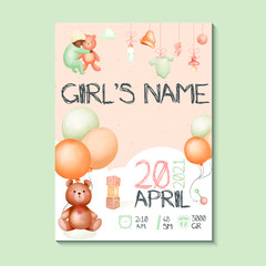 Girls posters, height, weight, date of birth. Teddy bear, balloon and baby stuff green, vector illustration on white background. Illustration newborn metric for children's bedroom.