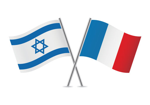 Israel and France crossed flags. Israeli and French flags, isolated on white background. Vector icon set. Vector illustration.