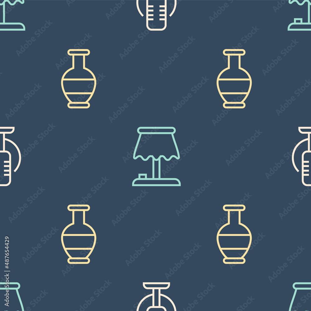 Poster set line microphone, ancient amphorae and table lamp on seamless pattern. vector