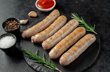 grilled sausages on stone background