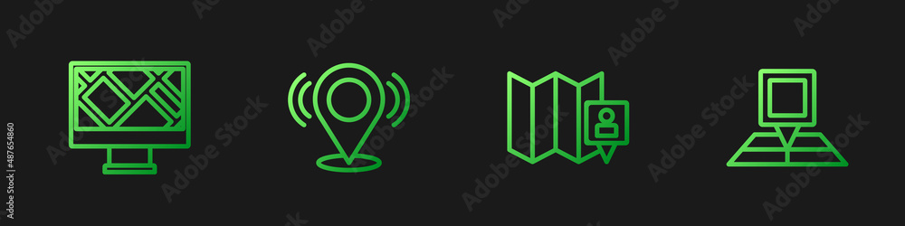 Poster set line folded map with location marker, monitor, map pin and . gradient color icons. vector