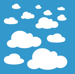 Different clouds. Cloudscape. Cloud icons on blue or cyan background.
