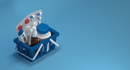 Cart with medicines in isometry. 3d rendering.
